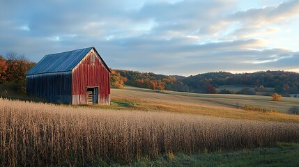 Obraz premium Rustic Red Barn in Golden Autumn Field. Tranquil Countryside Scene.