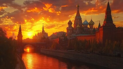 Naklejka premium Moscow Kremlin, sunset, river reflection, orange sky.
