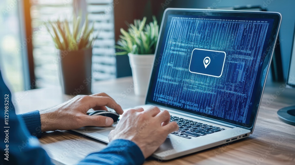 Poster hands typing on laptop with location data and code displayed