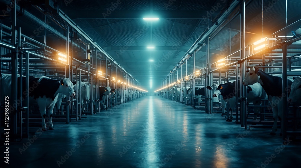 Poster dairy cows in a clean and modern barn equipped with automated milking machines connected to a glowin