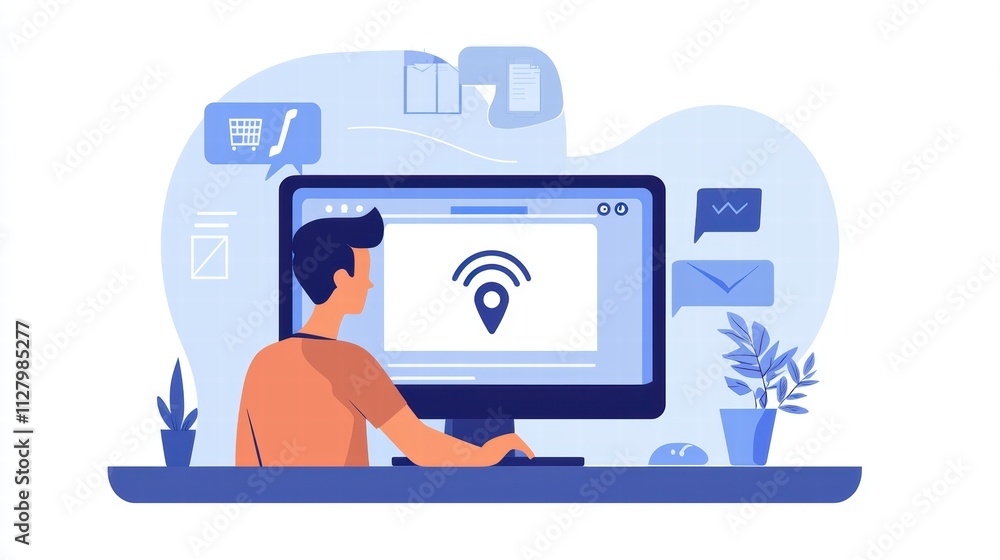 Poster person working at desk with computer and icons of communication tools