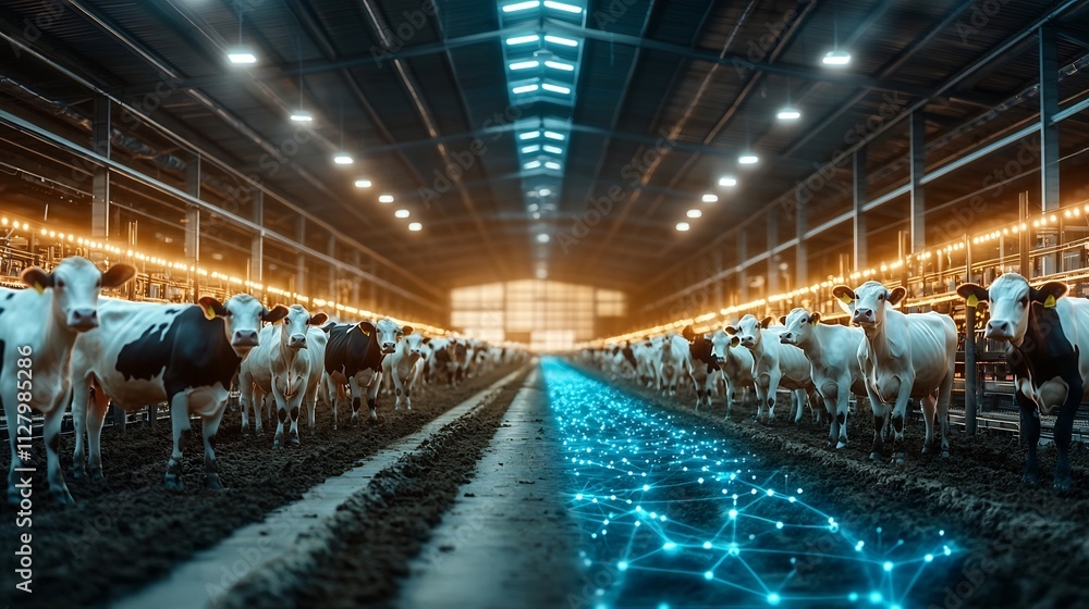 Poster dairy cows standing in a clean and modern barn equipped with automated milking machines and connecte