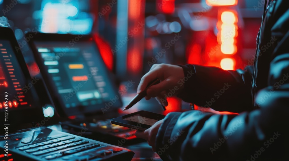 Poster technician using device with digital interface in futuristic environment