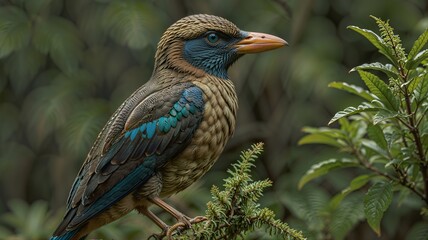 Obraz premium Vibrant Blue-winged Pitta, perched on a branch amidst lush foliage, showcases its stunning blue and brown plumage.