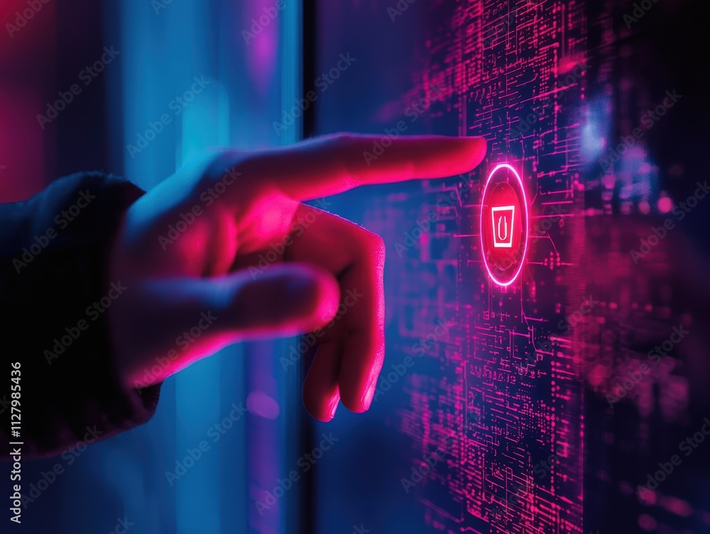 Poster hand touching neon digital interface button with circuit patterns