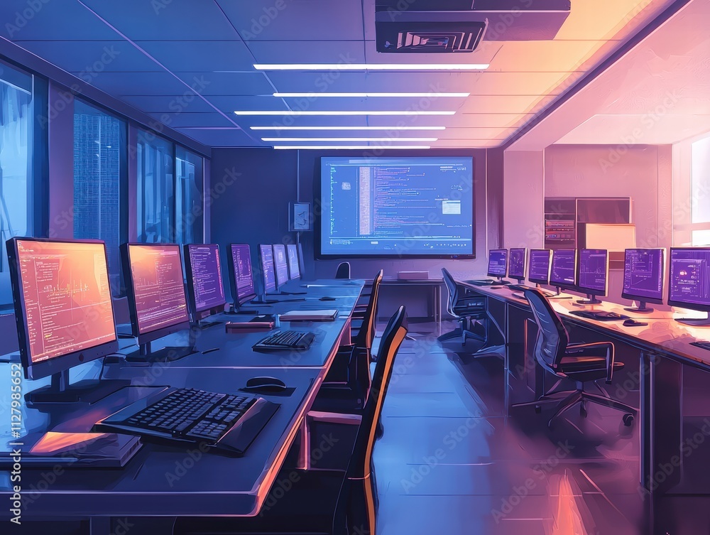 Poster modern office space with multiple computer workstations and screens
