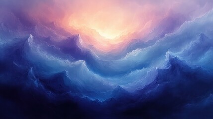 Calming Abstract Blue and Purple Landscape with Flowing Forms and Gentle Light