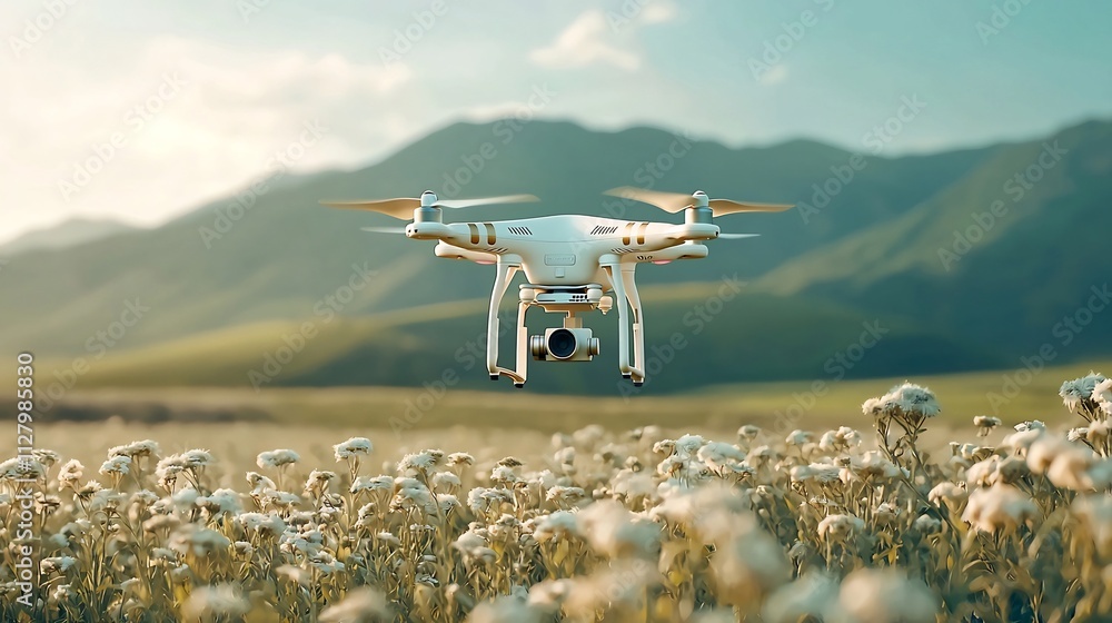 Poster aerial drone flying over a dairy farm capturing real time data from smart sensors and transmitting i