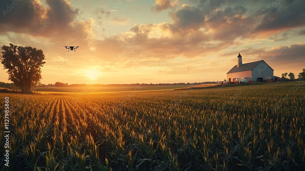 Poster aerial view of a drone flying over a dairy farm transmitting real time data from smart sensors to a 