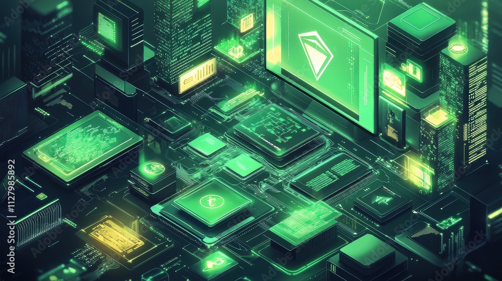 Poster digital technology interface with green circuit designs and data