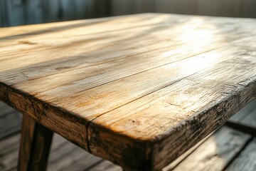 Sunlit wooden table with a rustic finish.