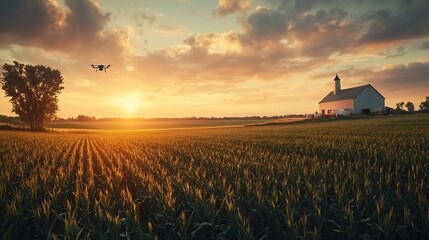 Aerial view of a drone flying over a dairy farm transmitting real time data from smart sensors to a central network system for precision agriculture and monitoring