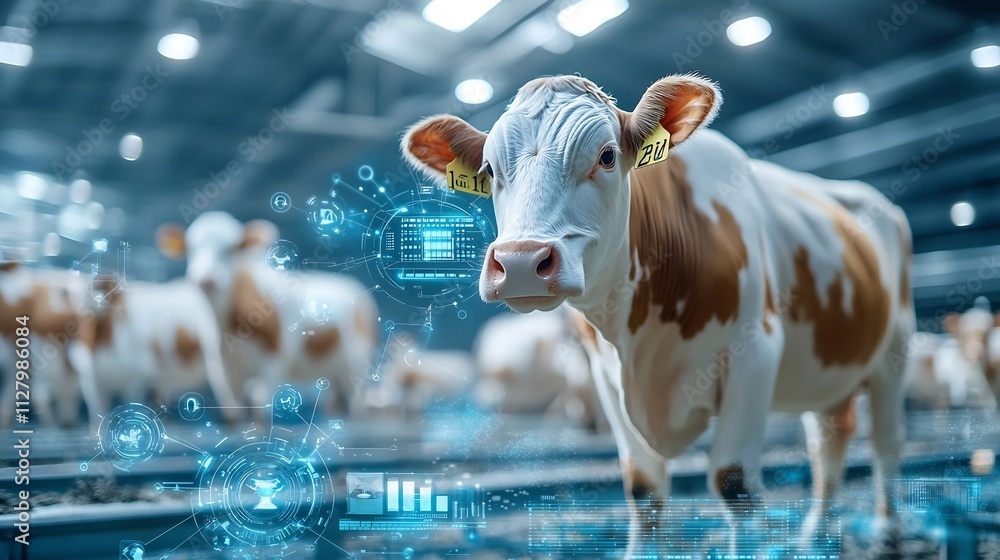 Poster a photograph of a futuristic dairy barn featuring advanced climate control systems robotic automatio