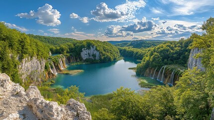 Fototapeta premium Lush green forest, cascading waterfalls, serene lake.
