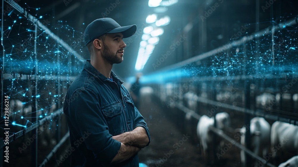 Poster a worker inspecting a cutting edge robotic milking system in a state of the art dairy farm with holo