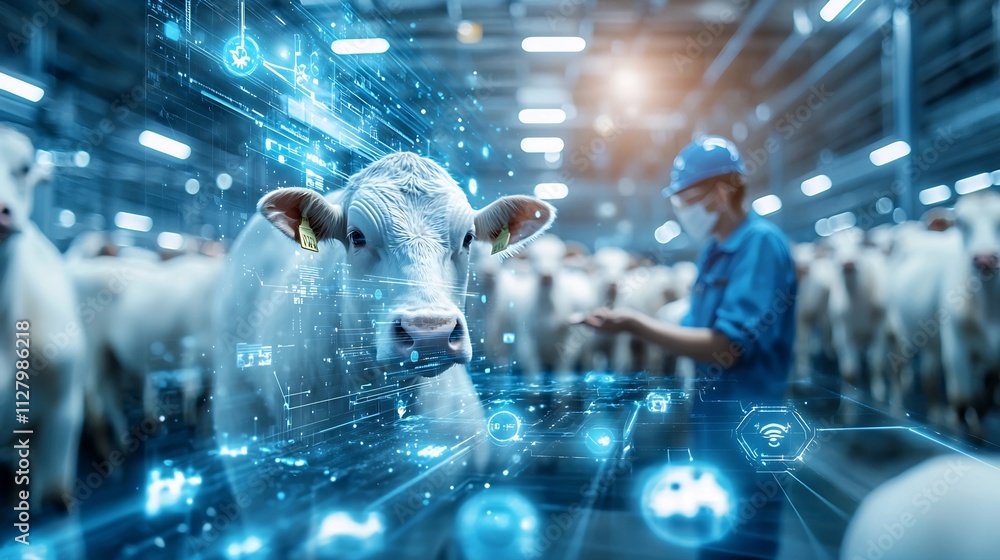Poster a worker inspecting a robotic milking system in a modern dairy farm with holographic overlays showin