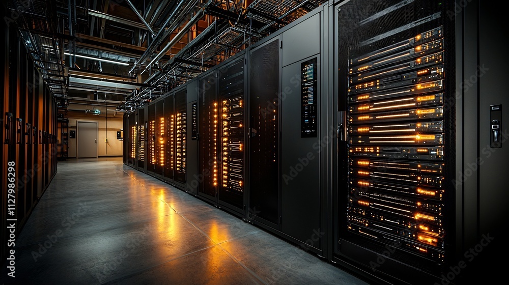 Poster futuristic data center with rows of glowing illuminated server racks connected by digital network li