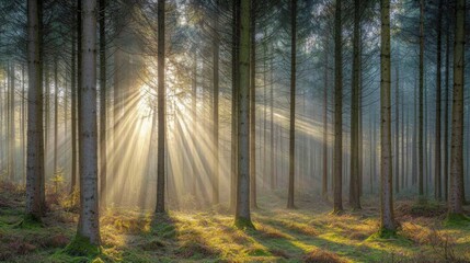 Obraz premium Sunbeams Illuminate Misty Forest Trees