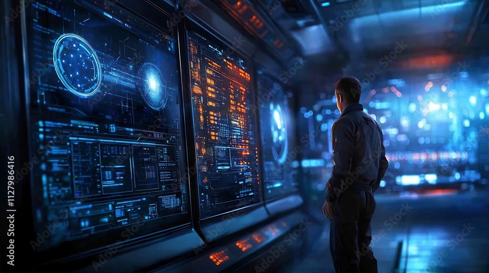 Poster technician navigating through a high tech data center surrounded by holographic displays showcasing 