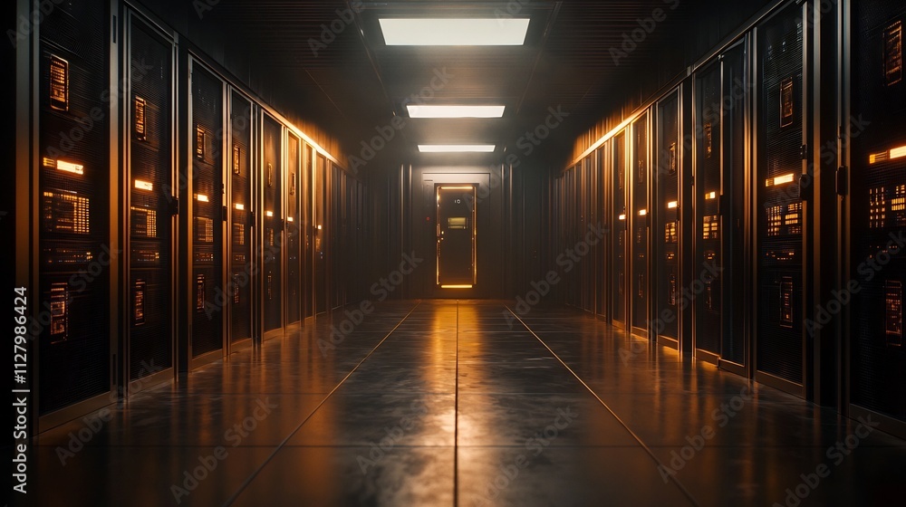 Poster futuristic data center with rows of illuminated server racks connected by glowing digital network li