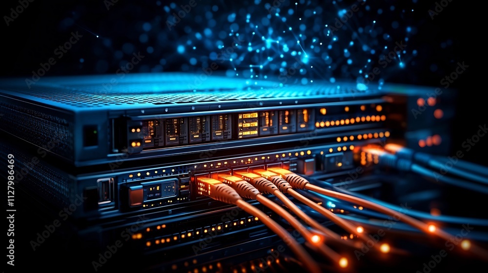 Poster glowing fiber optic cables visualizing network connectivity in dark data center with server racks an