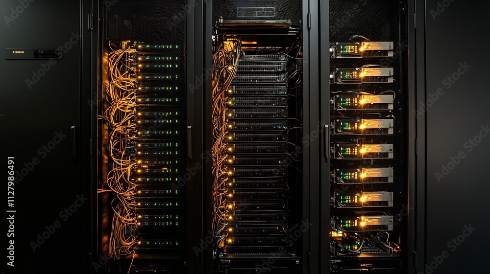 Poster glowing fiber optic cables visualizing network connectivity in a dark data center with server racks