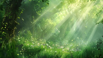 Beautiful Rays of Sunlight in a Green Forest, Shining Through the Trees, Creating a Serene and Picturesque Natural Scene.