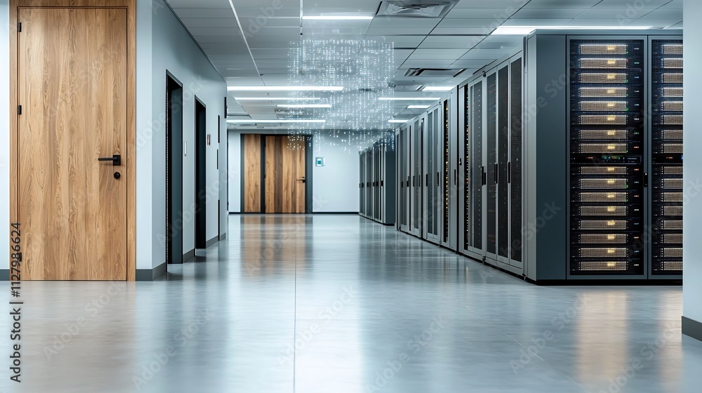 Poster photograph of a brightly lit data center floor with interconnected server racks and digital network 