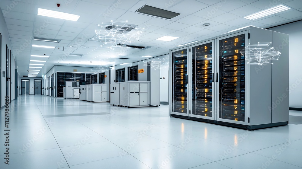 Poster futuristic interior view of a brightly lit data center floor with neatly arranged server racks and d