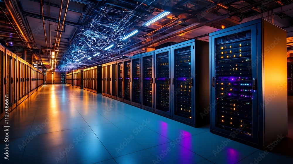Poster glowing data center with interconnected server racks and digital overlays floating above leaving emp