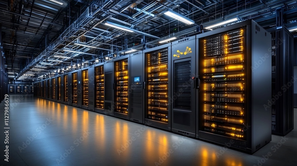 Poster futuristic image of a brightly lit data center floor with interconnected server racks and digital ne