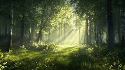 Sunbeams Illuminate a Lush Green Forest