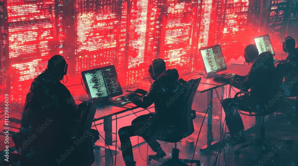 Poster futuristic hackers working on computer screens in neon-lit environment