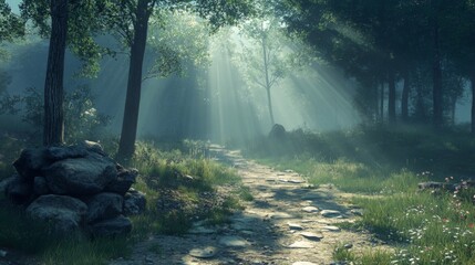 Obraz premium Sunbeams Illuminate a Misty Forest Path