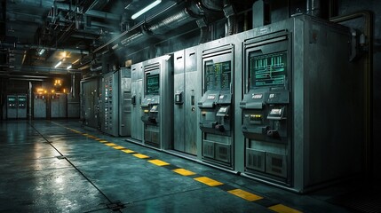 Fototapeta premium Futuristic data center featuring automated cooling systems and holographic network monitoring displays leaving copy space at the top left for text overlay The scene showcases advanced technology