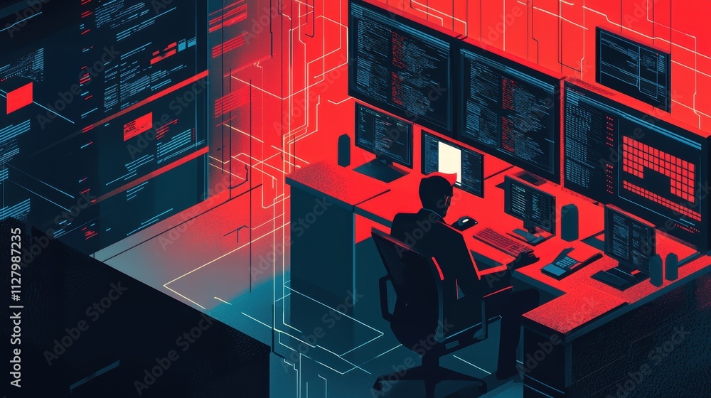 Poster futuristic workspace with programmer at desktop in dark environment