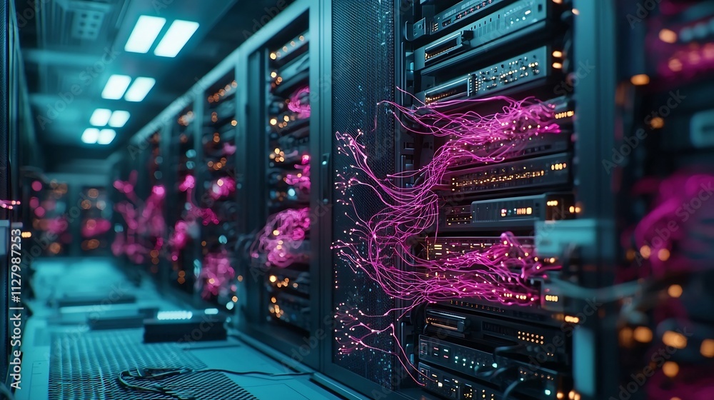 Poster a futuristic photograph showcasing a technology hub with vibrant glowing lines representing data flo