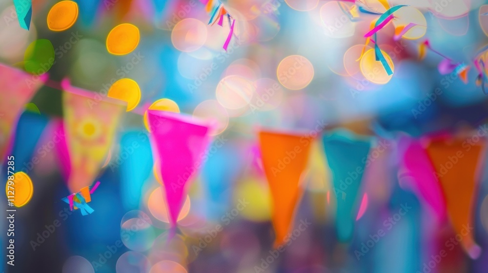 Poster soft outoffocus strings of colorful streamers and flags swaying in the breeze.
