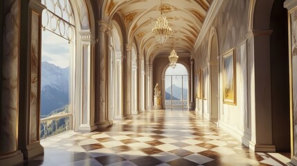Fototapeta premium Sunlit palace hallway, checkered floor, mountain view.