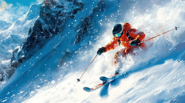 Vintage Skiing Adventure Poster Featuring Skier in Bright Red Jacket on Snowy Mountains in Retro Style