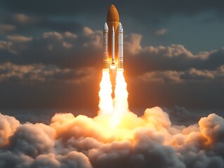 Spacecraft Ascending Through Clouds Towards Space