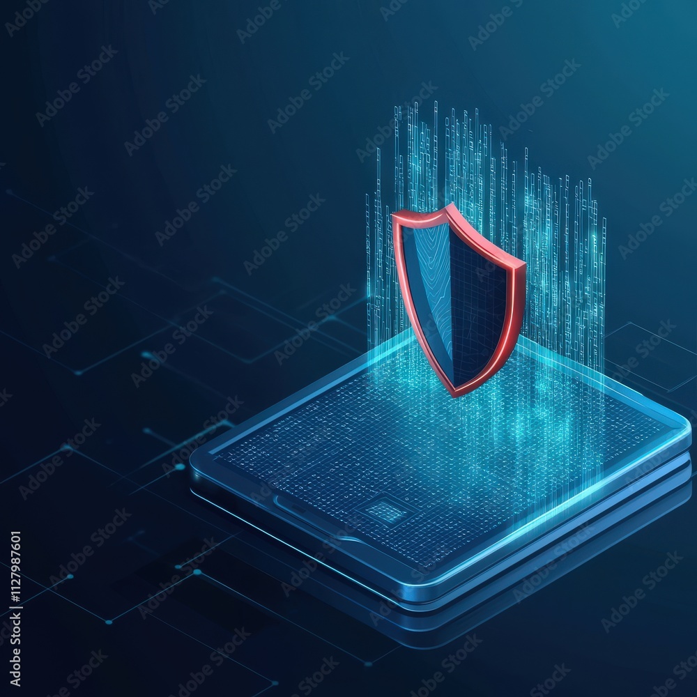 Poster illustration of shield icon hovering above a password screen