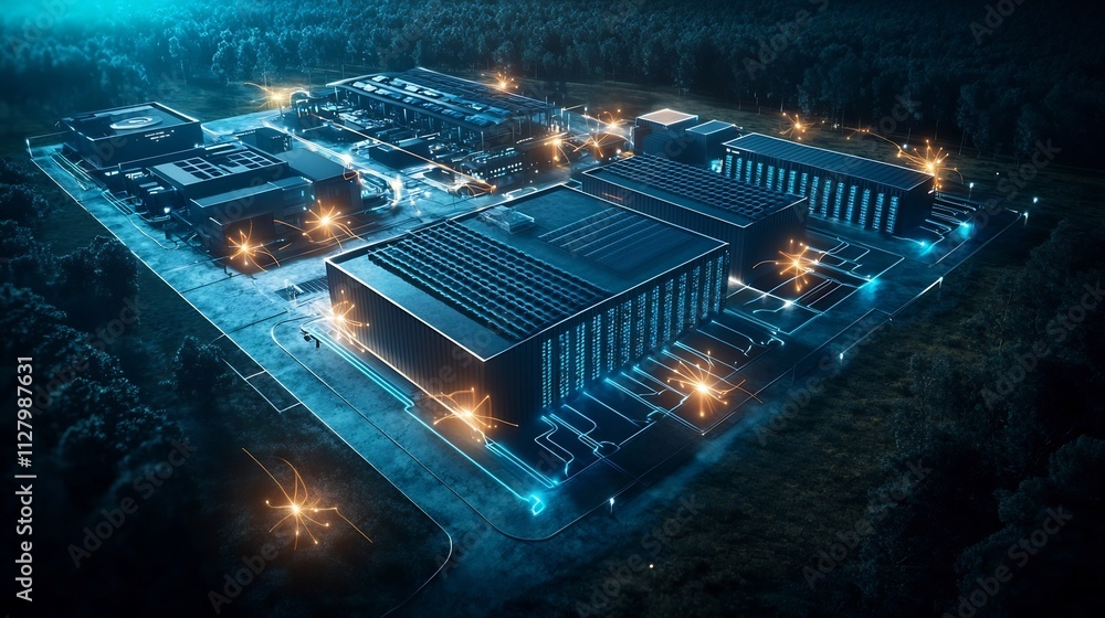 Poster aerial perspective of a vast and intricate data center complex with an overlay of animated digital n