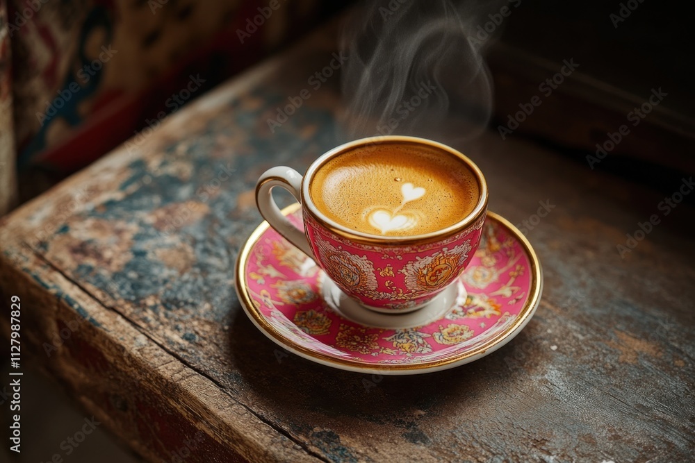 Poster steaming espresso with heart latte art in vintage cup on rustic wood.