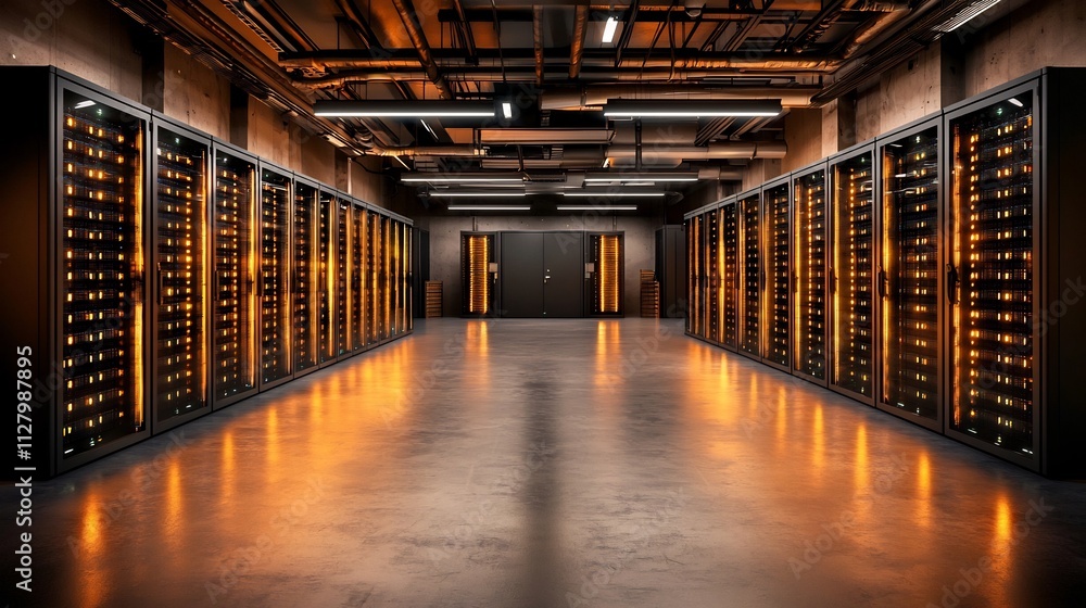 Poster rows of server racks in a modern data center with glowing lights representing robust network connect