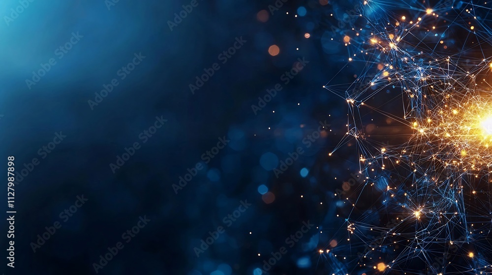 Poster futuristic data center with glowing network nodes and automated systems leaving copy space at the bo