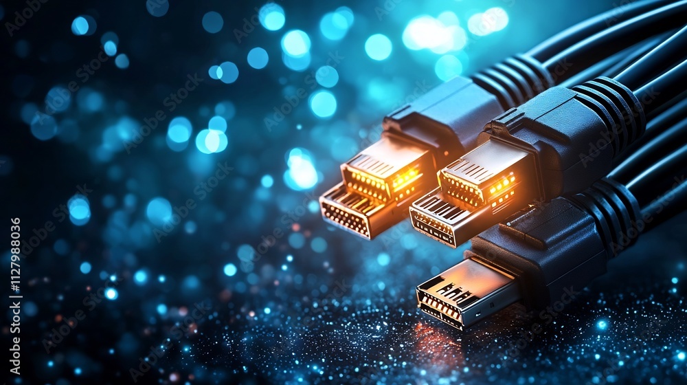 Poster glowing illuminated network cables in a futuristic data center at night with vibrant colors and copy