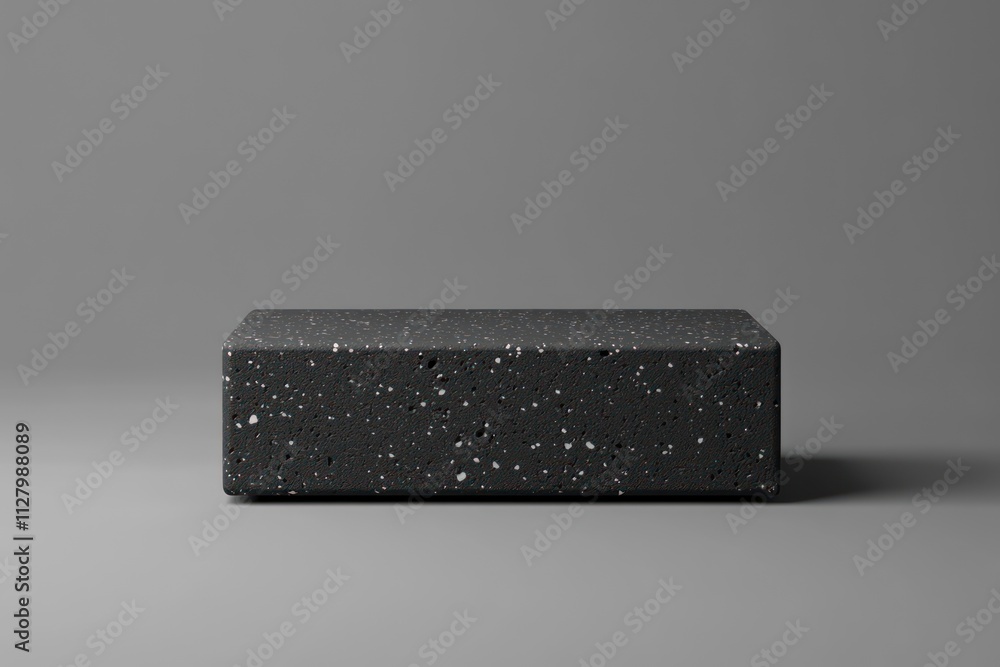 Poster black speckled rectangular platform on grey background.
