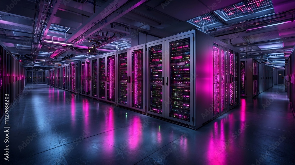 Poster rows of illuminated server racks in a high tech data center representing the powerful connectivity a