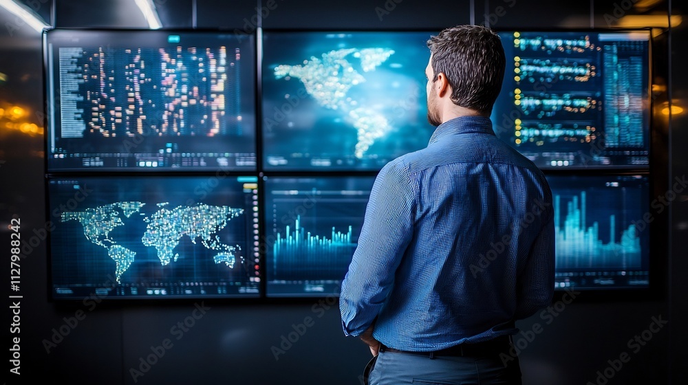 Poster technician standing in front of massive digital dashboard displaying real time network activity and 